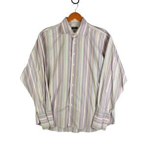 Balmain Paris Striped Luxery Button Up Dress Shirt Pink Multicolor Men 17 1/2 44